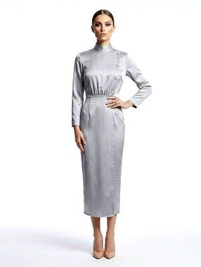 Vintage Editorial Mandarin Collar Silver Dress Size Small